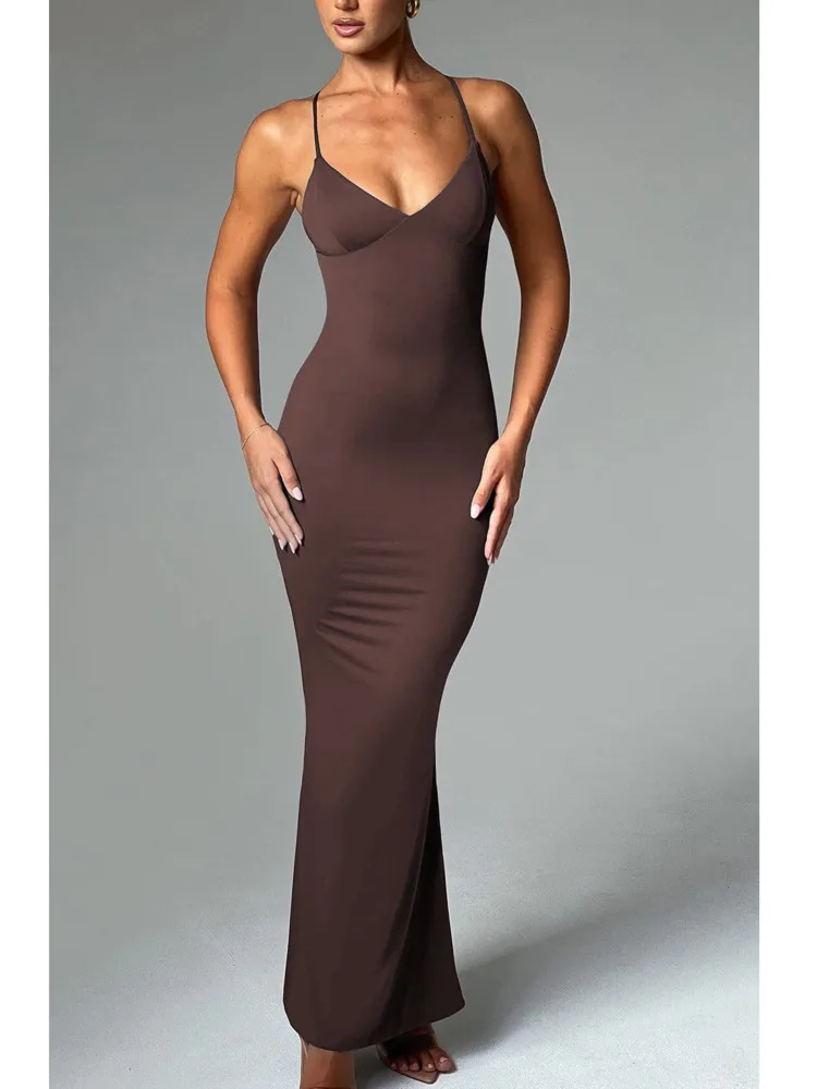 Articat Sexy Sleeveless Slim Fit Pleated Dress For Women Backless Tight Fitting Maxi Vestidos Elegant Party Club Evening Dress