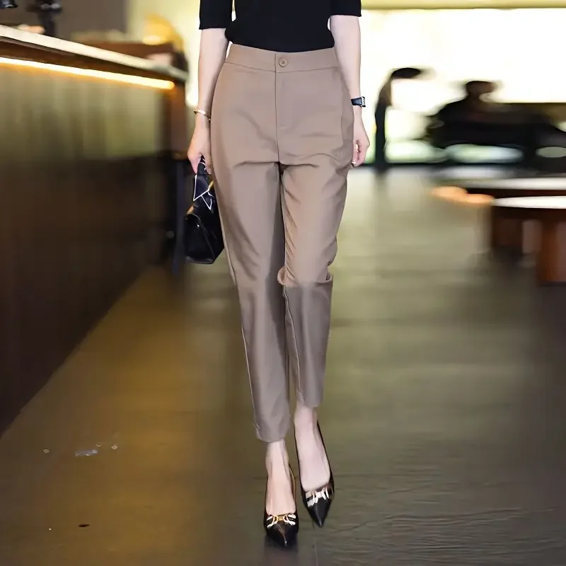 

Elegant Office Lady Fashion Pants Business Casual Straight Solid Color Zipper New Pockets Button Premium Women's Clothing Z651