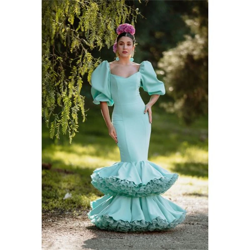 Vestido Flamenco sirena abiti da ballo al largo della spalla volant a strati lunghezza del pavimento menta elegante spettacolo abiti per occasioni speciali