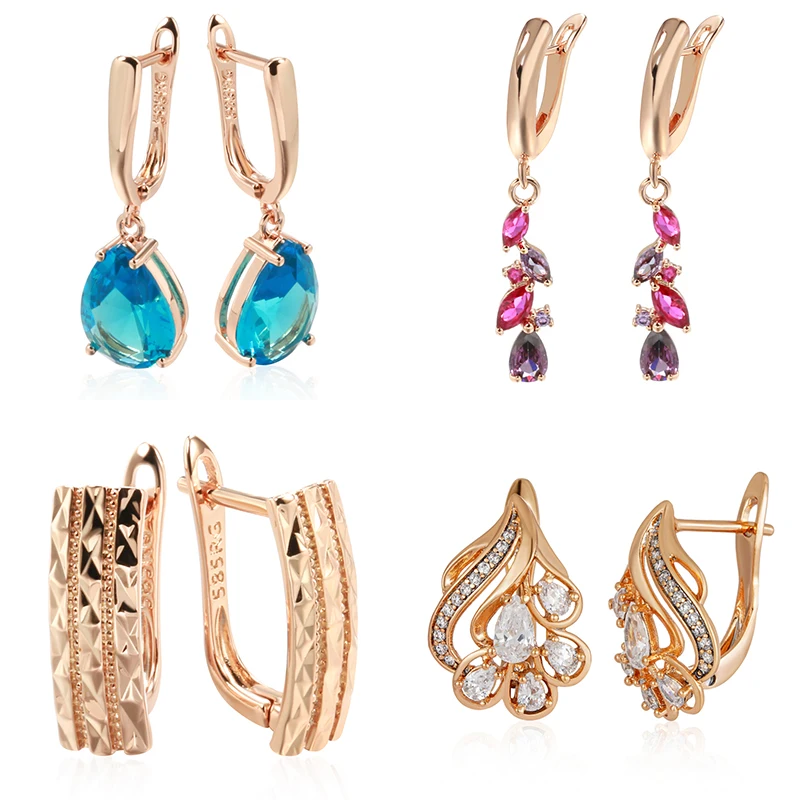 Kinel Innovatives Design, 4 Stile, 585er Roségoldfarbene Tropfenohrringe für Damen, modische Accessoires aus natürlichem Zirkon, täglicher Schmuck