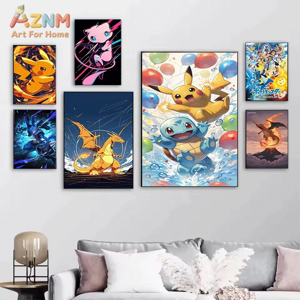 AZNM Kirby Pink Cartoon Character Starry Night Van Gogh Style Canvas Wall Print, Game Anime Art Poster, Unframed Canvas Painti view 2