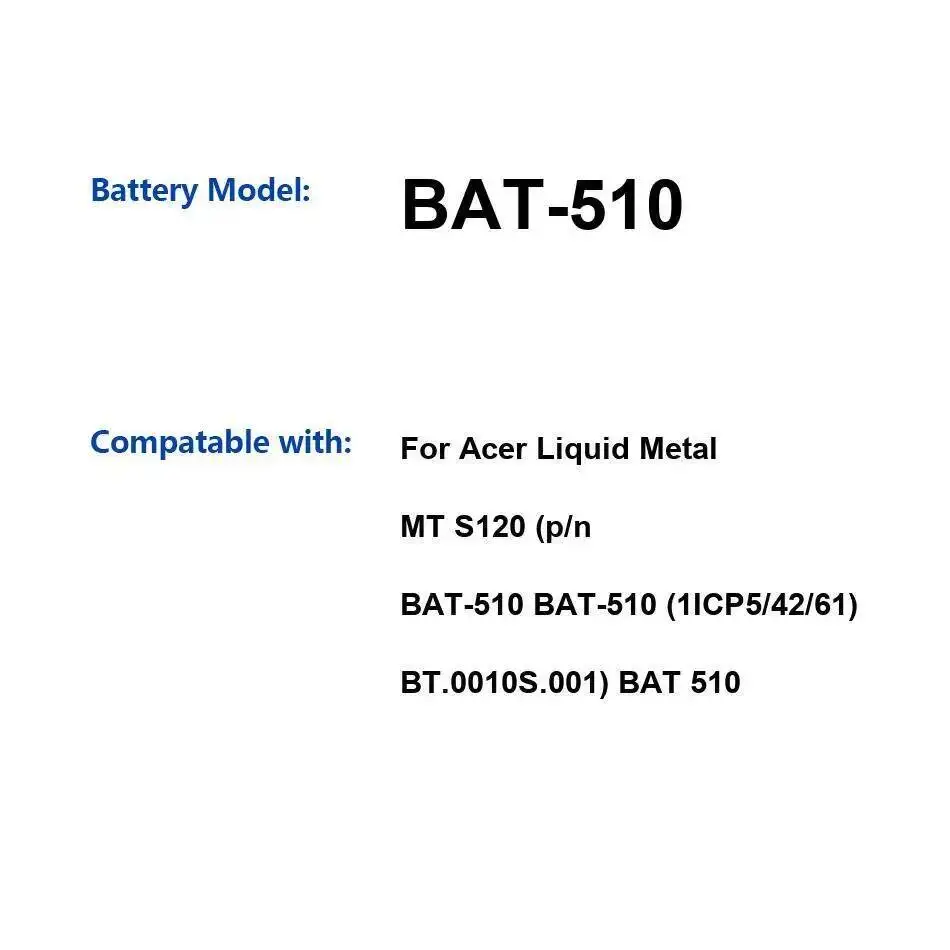 

Long-Lasting 5000Mah For Acer Liquid Metal MT S120 P N Bat-510 1ICP5 42 61 BT.0010S.001 Bat 510 Mobile Phone Battery