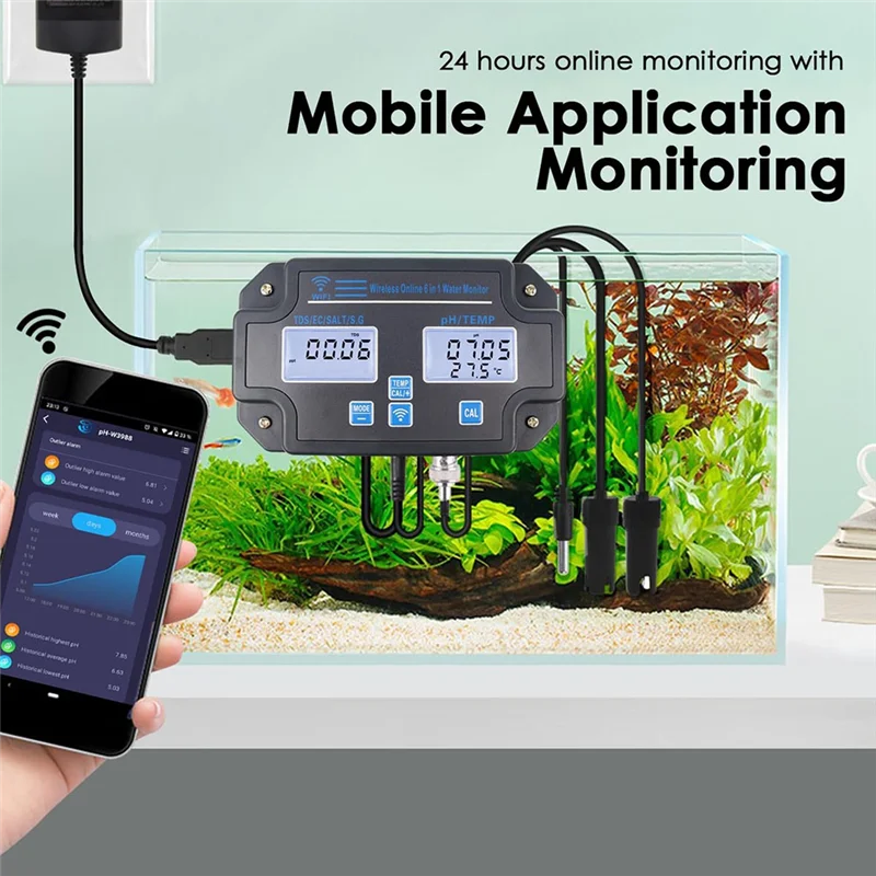 

AA19 Intelligent 6-In-1 Water Quality Analyzer For PH, EC, TDS, Salinity, S.G, Temperature With Wi-Fi, EU Plug