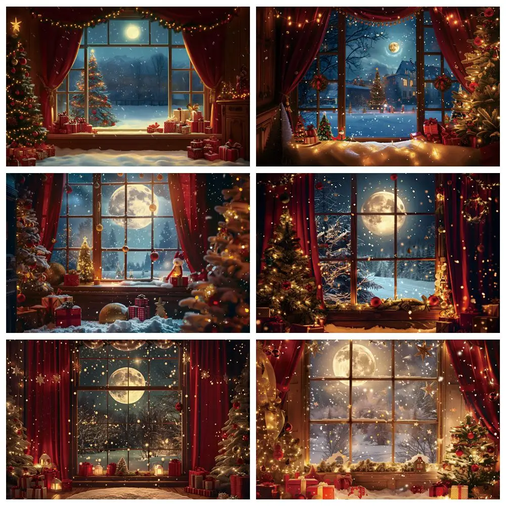 

Christmas Night Moon Window Backdrop Snow Christmas Tree Gifts Kid Portrait Family Photography Background Decor Photostudio Prop