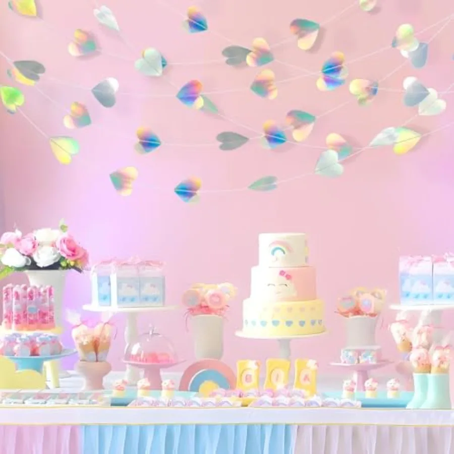 إكليل من LoveHeart بطول 52 قدمًا لامعًا على شكل قلب قزحي الألوان إكليل ورقي ثلاثي الأبعاد لعيد الحب وأعياد الميلاد والزفاف