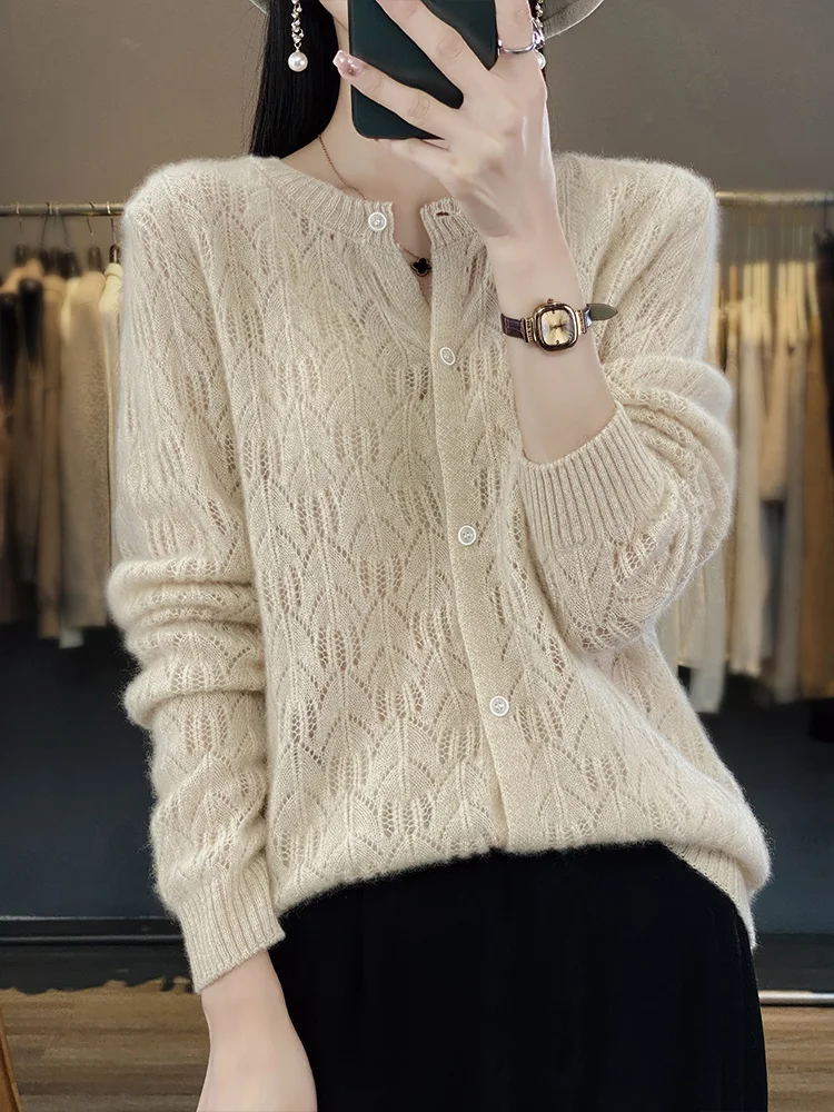 Spring New Women\'s Cardigan 100% Merino Wool Sweater O-neck Hollow Grace Cashmere Knitted Coat Korean Fashion Female Clothes Top