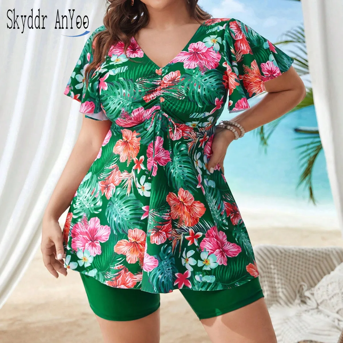 2025 Two Piece Plus Size Chubby Woman Swimsuits Printed Tankini Surf Swimwears Sports Beachwear High Waist Women's Swimming Suit