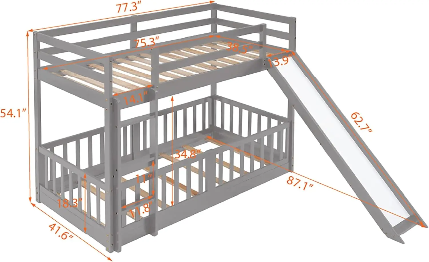 Floor Bunk Bed With Slide, Twin Over Twin Bunk Bed For Kids Toddlers, Wood Low Beds Frame With Ladder For Boys Girls Teens,