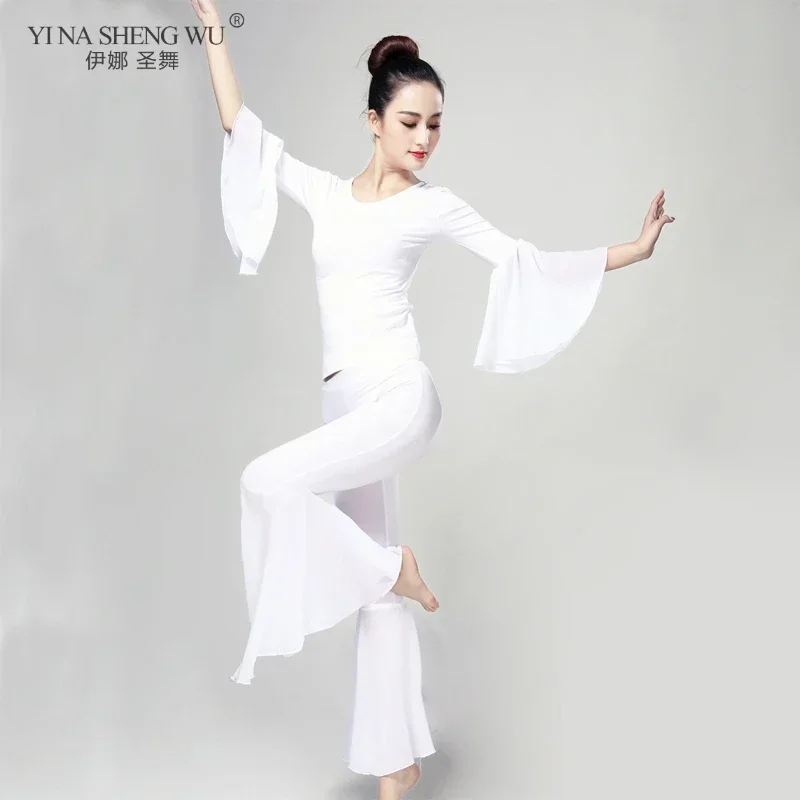 女性用大人のベリーダンス衣装セット 2 個トップパンツモーダル生地トランペットスリーブダンス練習服レディースダンスウェア