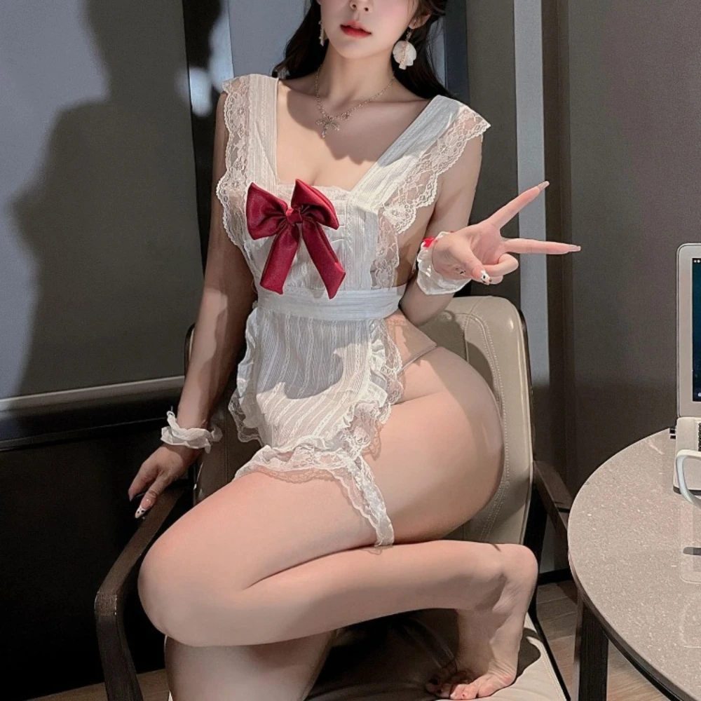 Vestido de sirvienta de Anime para mujer, disfraces de lencería Sexy, delantal de sirviente con bragas, uniforme, ropa exótica de Lolita, encaje blanco