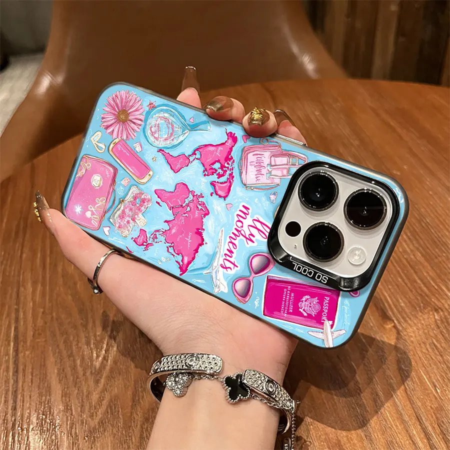 Telefono da sogno di viaggio nel mondo a tema rosa per iPhone da 17 a 11 Pro Max Plus