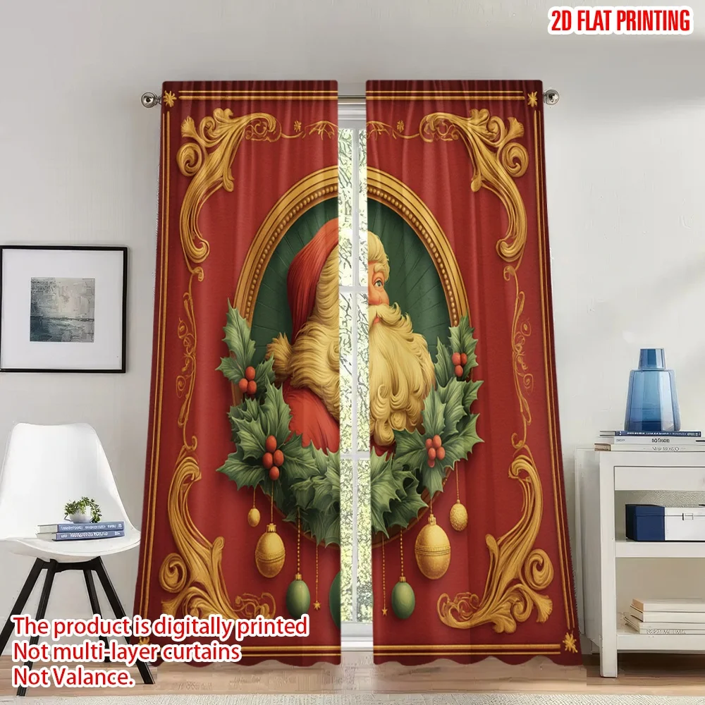 

2pcs 2D flat printing Christmas Party Curtains Christmas Wreath Santa Claus Portrait Digital Printed Polyester Drapes Festive