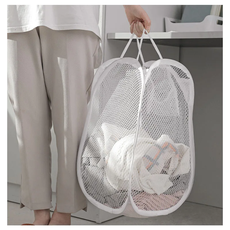 Folding Laundry Basket Organizer for Dirty Clothes Bathroom Clothes Mesh Storage Bag Household Wall Hanging Basket Frame Bucket