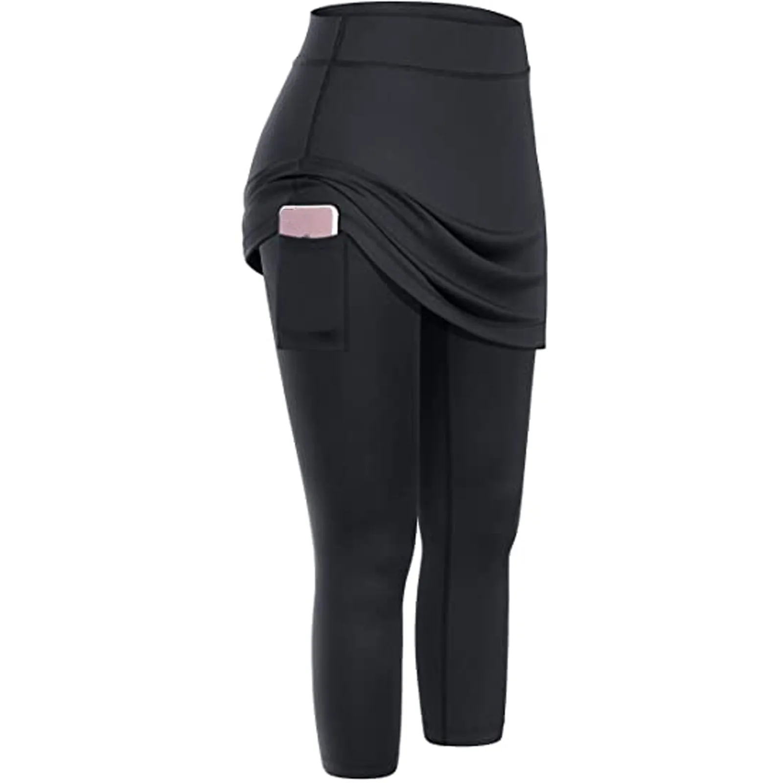 

Leggings Pockets Tennis Capris Sports Skirted Women Skinny High Waisted Solid Trousers Sporty Casual Calf-Length Pants