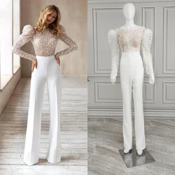 15984# Real Photos Elegant Long Puffy Sleeves Beading Sequined Lace Wedding Jumpsuit Bride Gown Pants Suit For Women