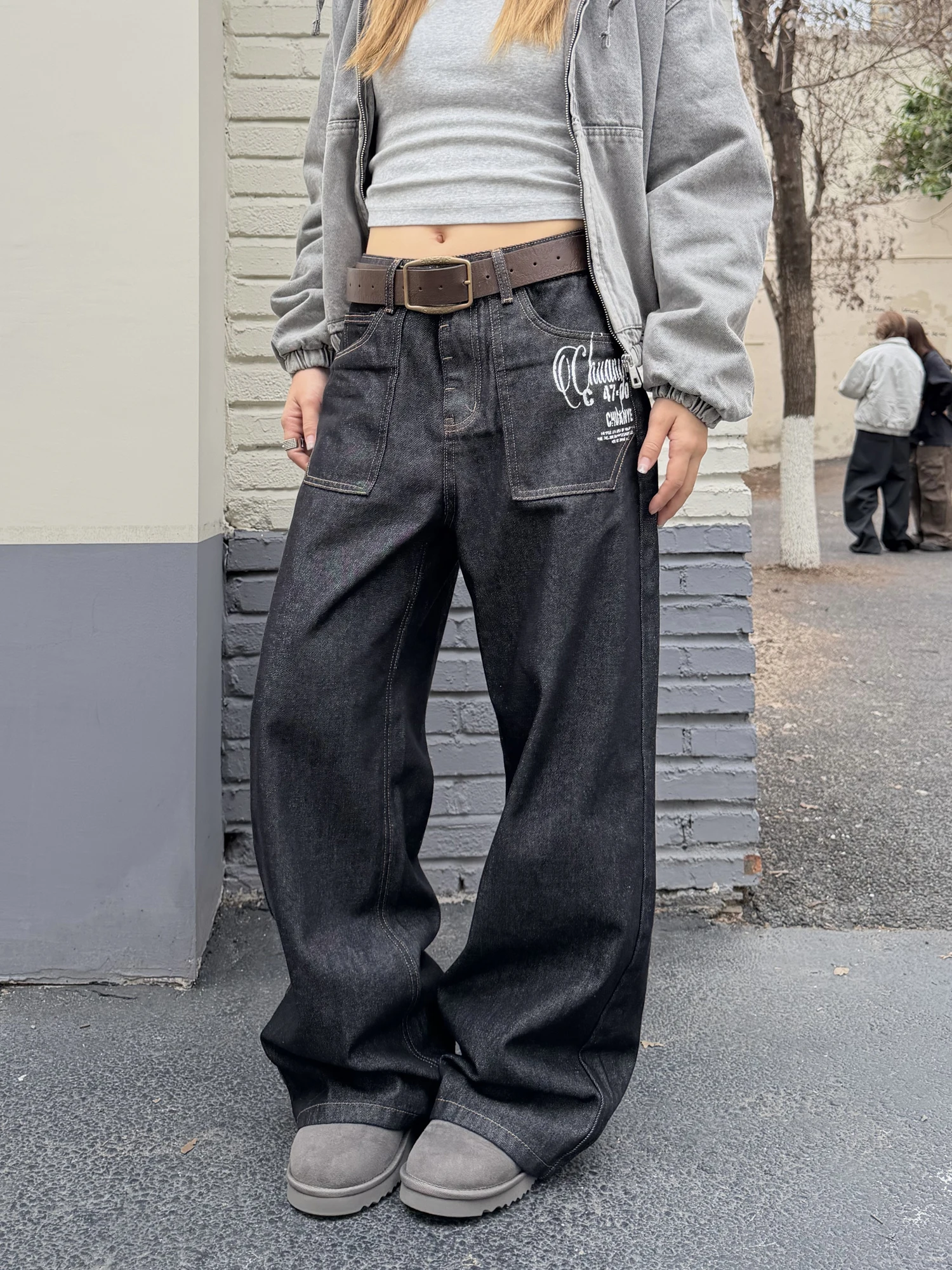 

Chuan Chuan Ya, оригинальные джинсы с принтом Bla Fce, прямые брюки на подкладке, повседневные свободные длинные брюки, мужские джинсы, удобная посадка