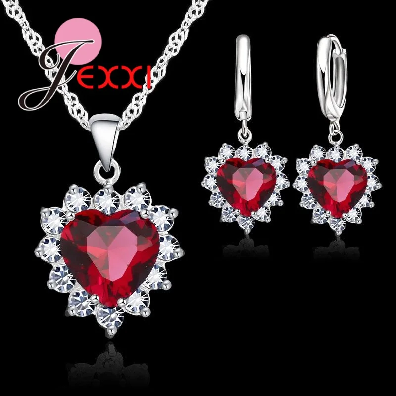 Lady Sparkling Romantic 925 Sterling Silver Fashion Jewelry Set Woman Love Heart  Necklace Earrings Sets Best Birthday Gift