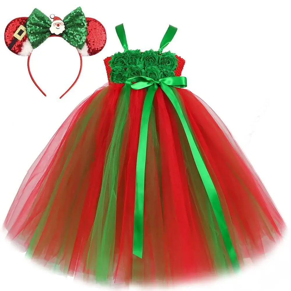Green Red Christmas Long Costumes Girls Xmas Carvinial Full Length Princess Dresses for Kids Festival Clothes New Year Ball Gown