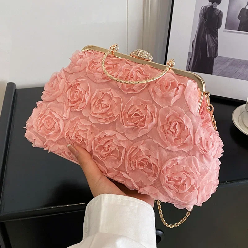 INS Designer Women Bead Flowers Shell Clip Lock Clutch Pink White Crystal Handbags And Purses Chain Messenger Bags Shoulder Bags