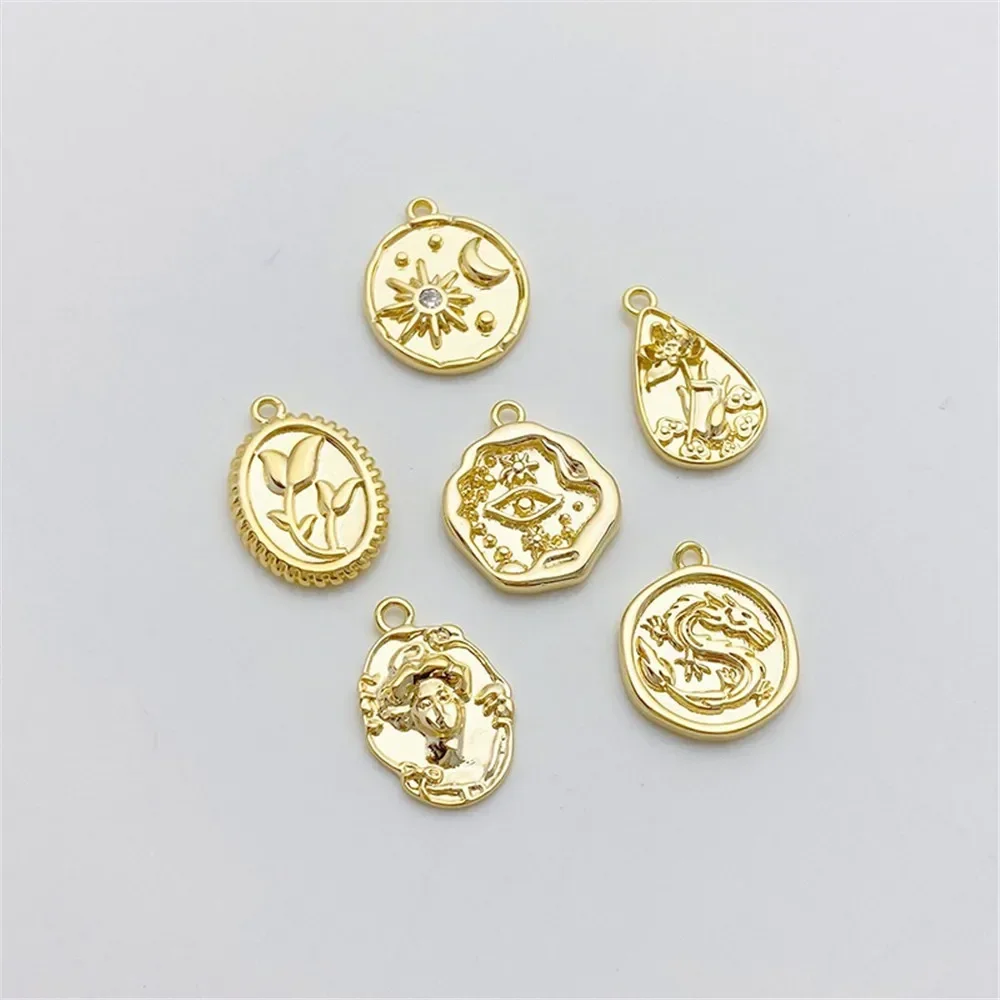 14K ゴールド クイーン アバター フラワー ボタン ラウンド ラベル ペンダント ハンドメイド DIY ネックレス ヘッドピース素材 L450