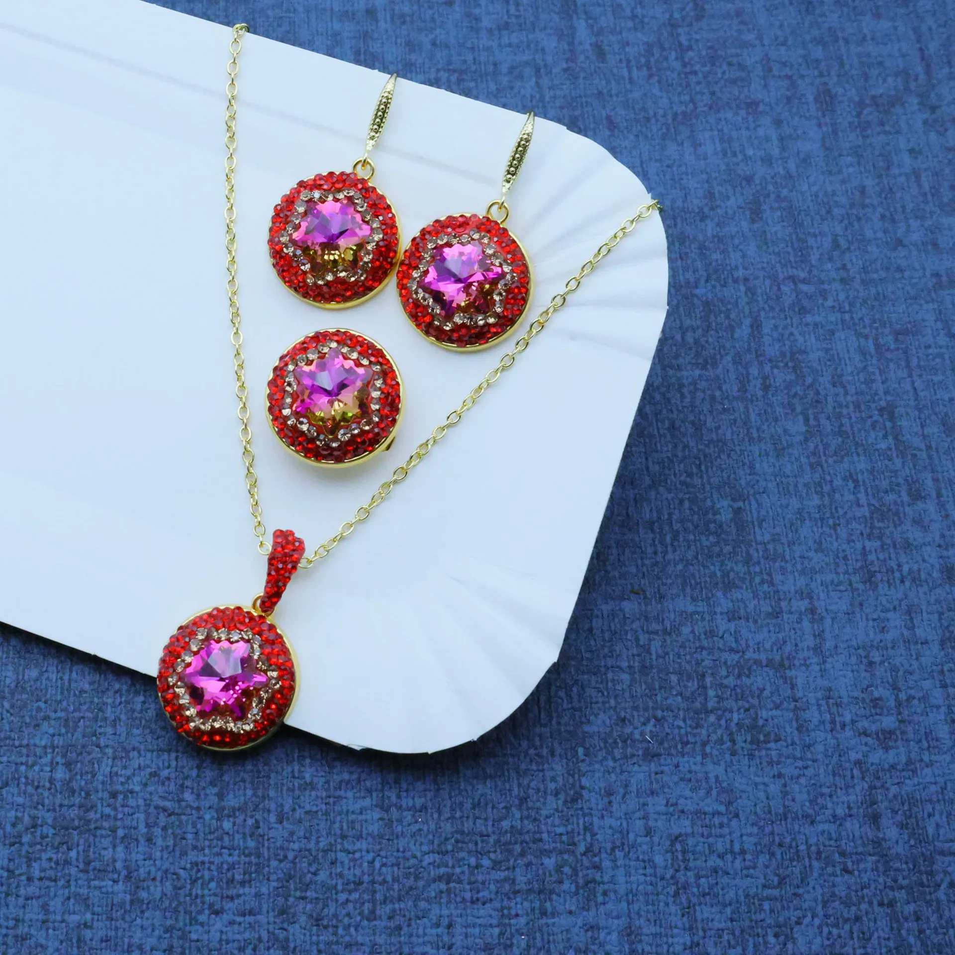 DIY accessories New butterfly red crystal clay inlaid three-piece set, stunning new Chinese handmade design jewelry factory dire