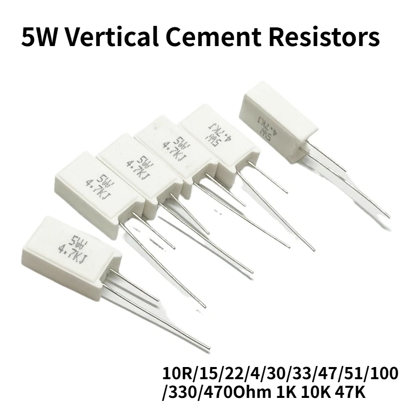 5Pcs 5W Vertical Cement Resistors 0.01 ~ 300K ohm 5% 0.01R 0.15R 0.22R 0.25R 0.39R 0.47R 1R 10RJ 100R 300K Ceramic Resistors