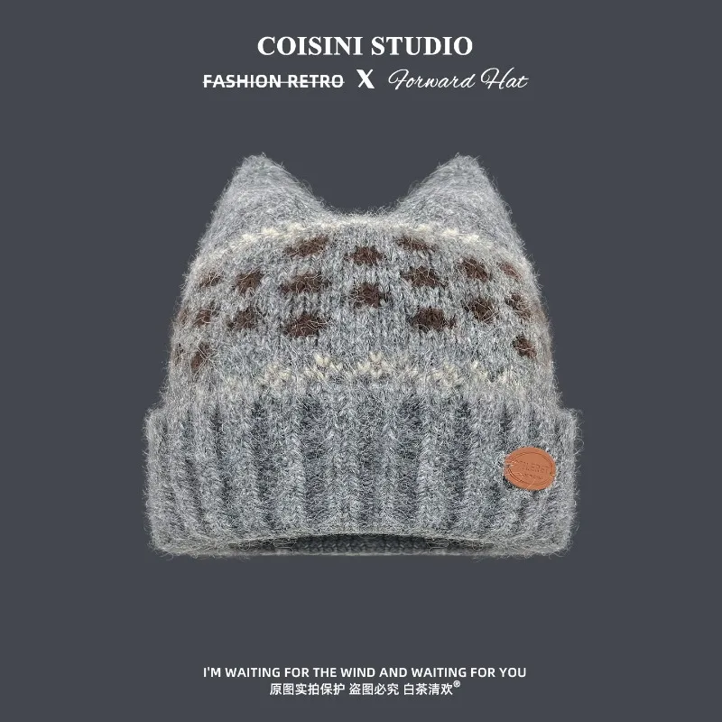 Japanische Retro-Fair-Isle-Jacquard-Mütze mit Katzenohren, gestrickt, für Herbst und Winter, warm, verdickt, mit Ohrenschutz, Skull-Beanie-Mützen für Damen – Detail 6