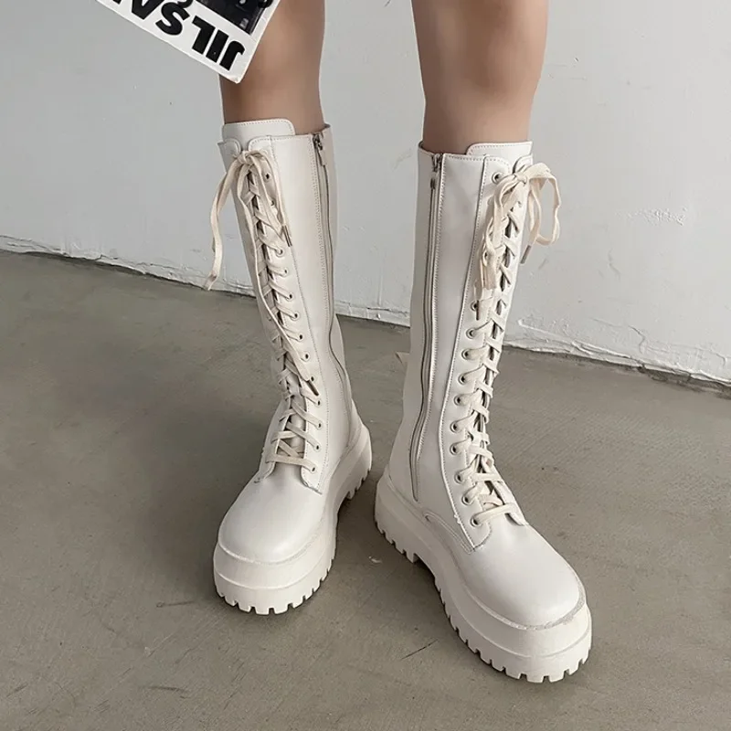 2024 New Women Motorcycle Knee-high Boots Woman Fashion Thick Sole Platform Flats Heels Zipper Botas Femininas Long Booties