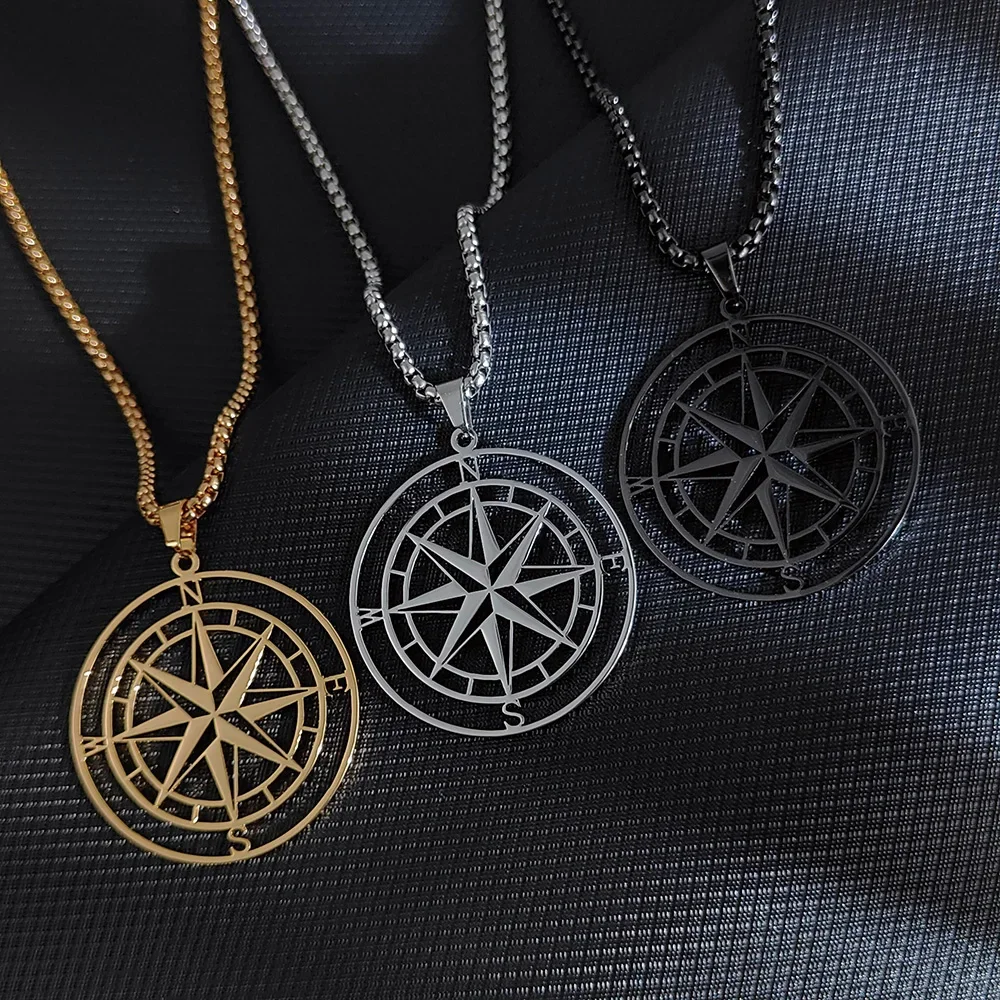 Gold Color Mens Compass Necklaces,Vintage Viking North Star Anchor Medal,Stainless Steel Pendant for Male Boyfriend Dad Gift