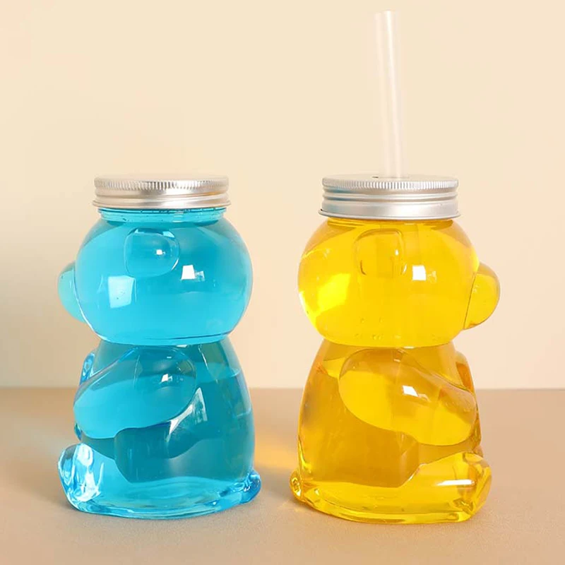 Botella de té de leche de oso de peluche de celebridades de Internet, botella de jugo de bebida fría de plástico desechable, Linda botella de bebida creativa