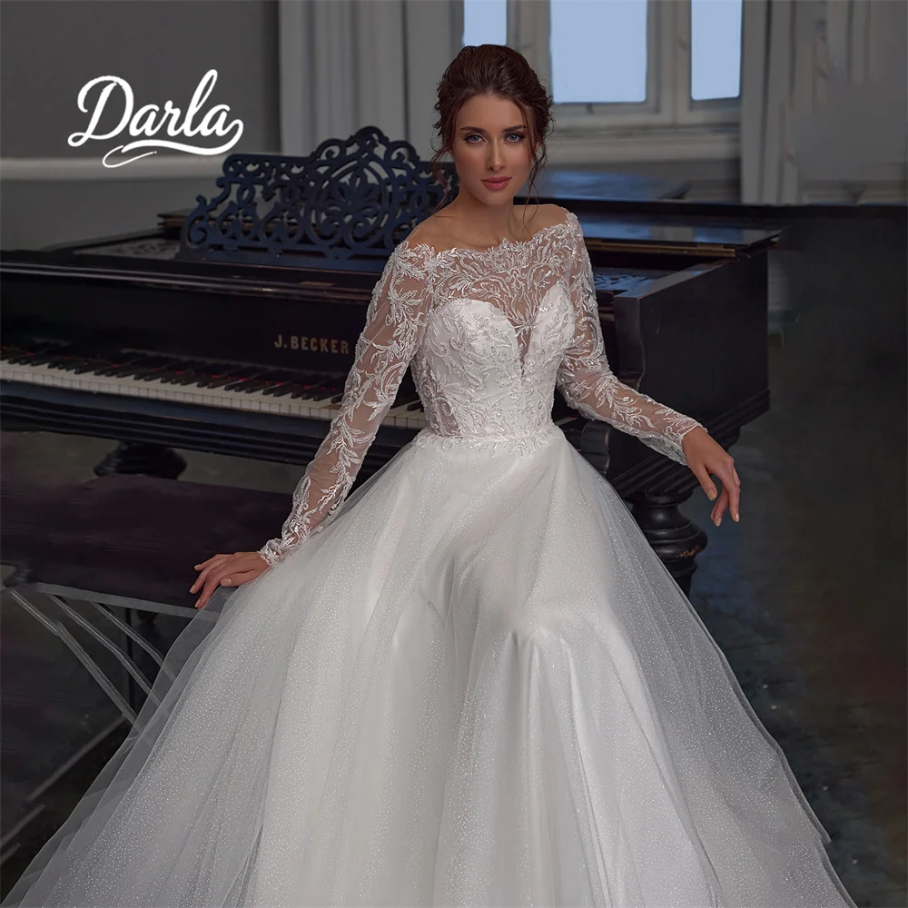 Darla Customized Boat Neck Lace Embroidery A-Line Tulle Wedding Dress Long Sleeve Appliques Sweep Train Floor Length Elegant