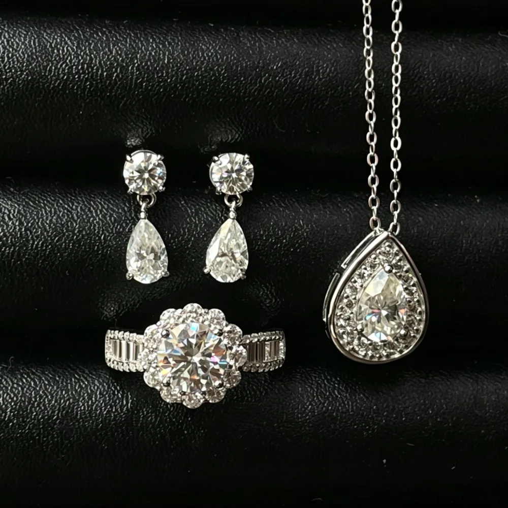 S925 Sterling Silver D VVS1 Moissanite Jewelry Set Round Pear Shape Ring Pendant Drop Earrings Women Wedding Bridal Fine Jewelry