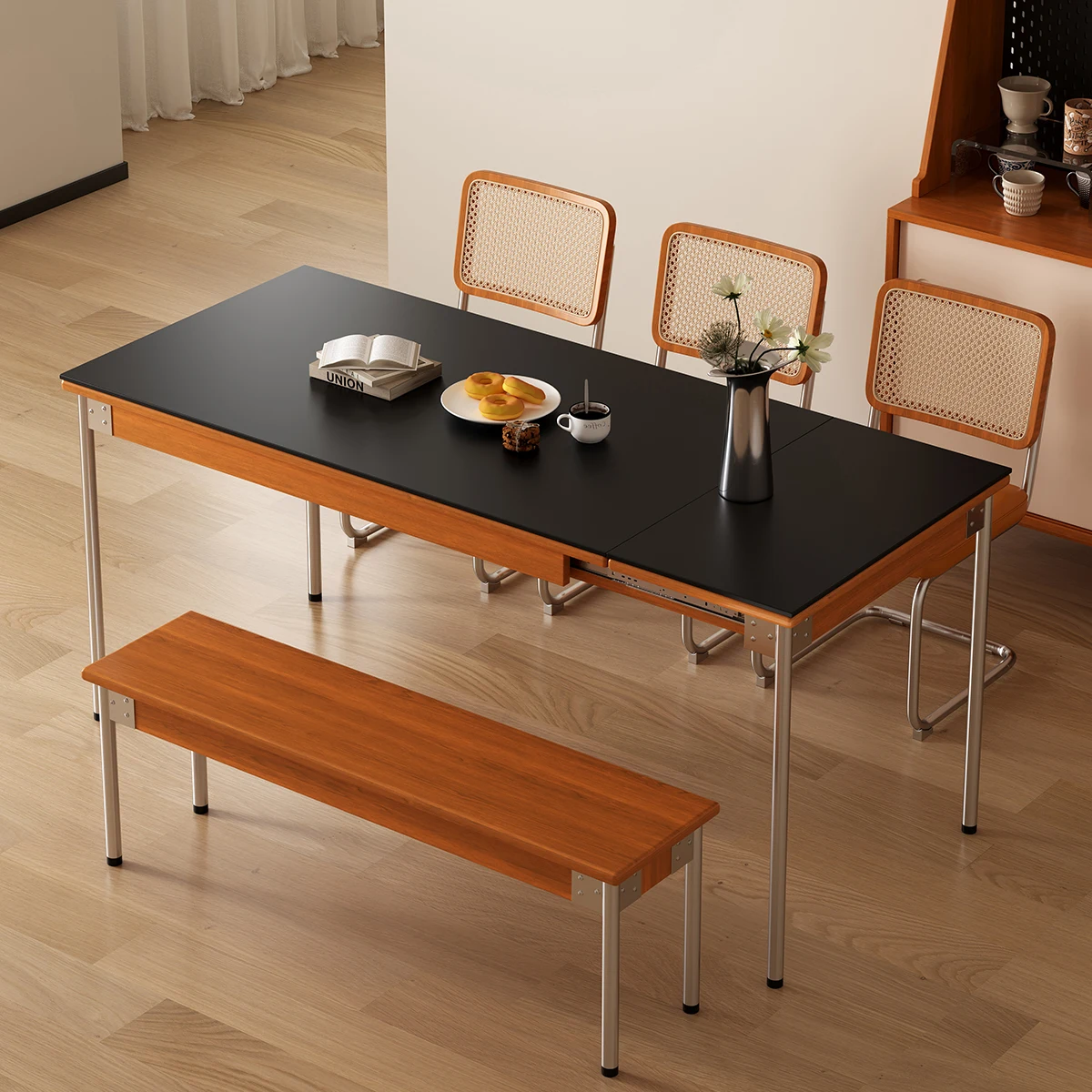 Mid Century Square Dining Room Furniture Sintered Stone Tabletop Modern Extendable Wooden Dining Table and Chair Set