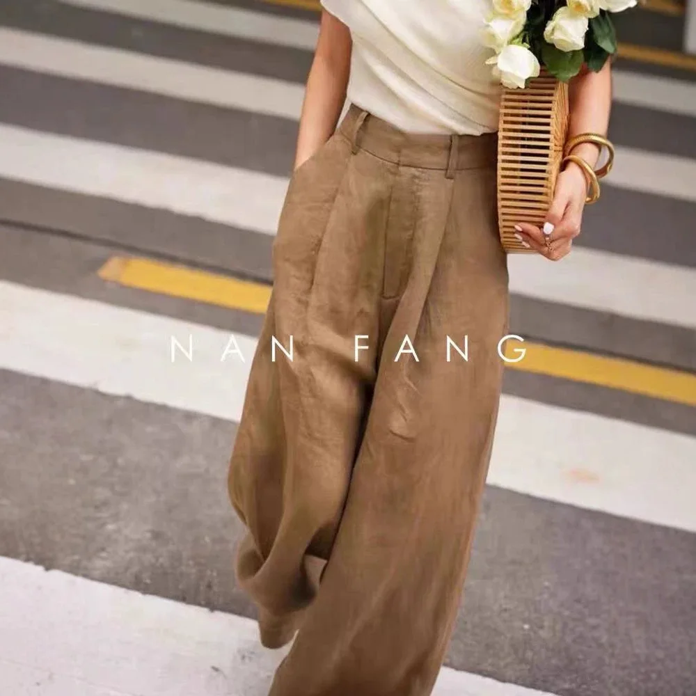 Coffee-colored Linen Women's Casual Pants Vintage High-waist Drapey Loose-fit Stylish Cotton-linen Wide-leg Floor-length Pants