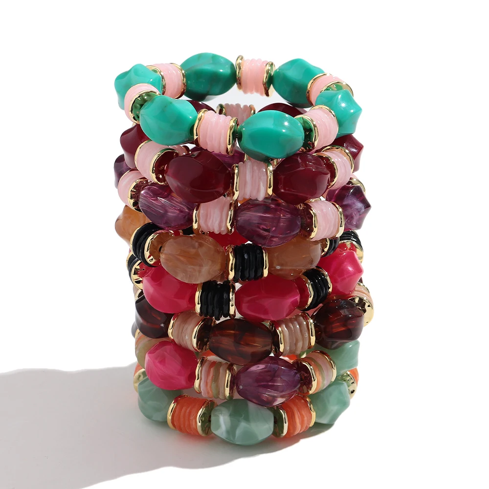 Trendy Acrylic Colorful Irregular Geometric Beads Elastic Bracelets Resin Geometry Stackable Bangle Bracelet Boho Jewelry Gifts