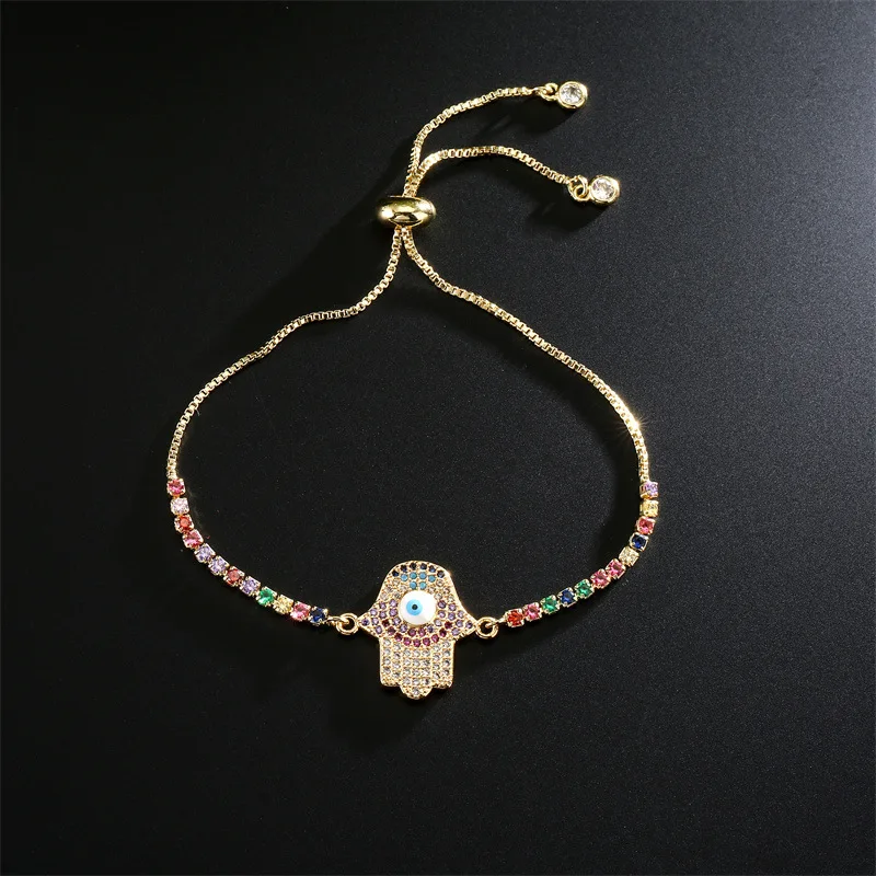 Gold-plated Copper Filled Multicolor CZ Stones Hamsa Hand Of Fatima Lucky Charm Bracelet Women Cubic Zirconia Trendy Jewelry Her