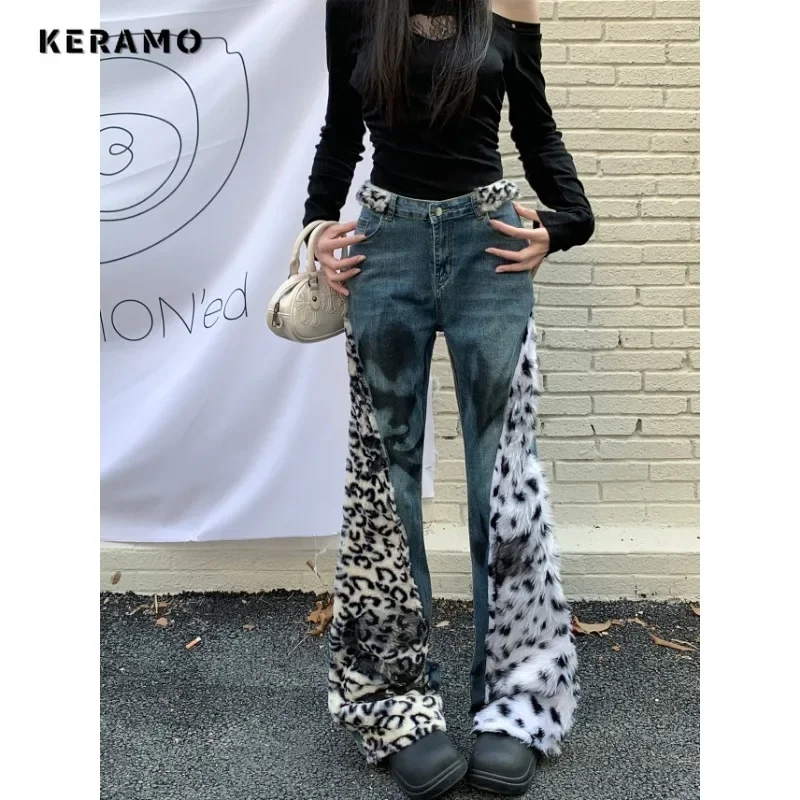 Street Y2K Slim Fit High Waisted Leopard Patchwork Jeans 2025 Winter Sheath Club Pants Women's Vintage Hotsweet Denim Trouser