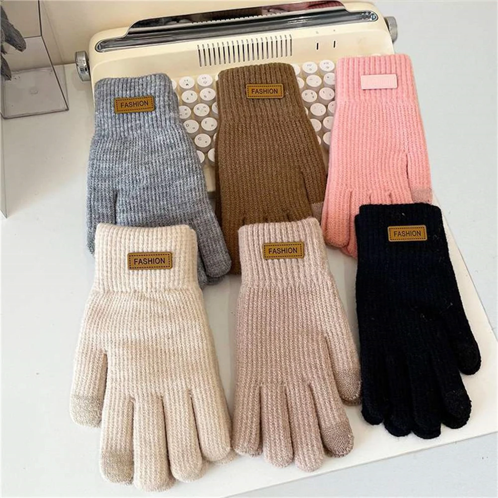 Unisex Outdoor Thickening Knitted Gloves Winter Protection Warm Touch Screen Mittens Simple Fleece Skiing Split Finger Gloves