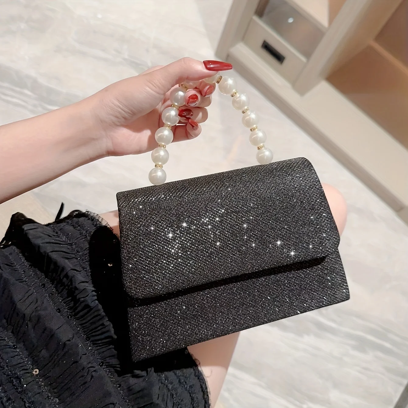 New Style Fashion Women Evening Handbag Rhinestone Purse Bag Square Pearl Handbag Female Shiny Flip Bridal Clutch Bag For Women