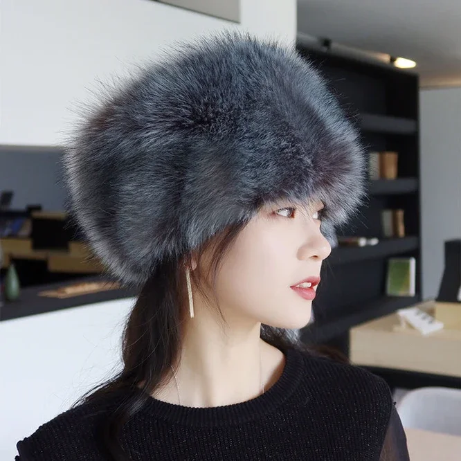 Women Hats Lady Russian Tick Fluffy imitation Fox Fur Hat Headband Winter Earwarmer Ski Hat Female Hats For Autumn winter White