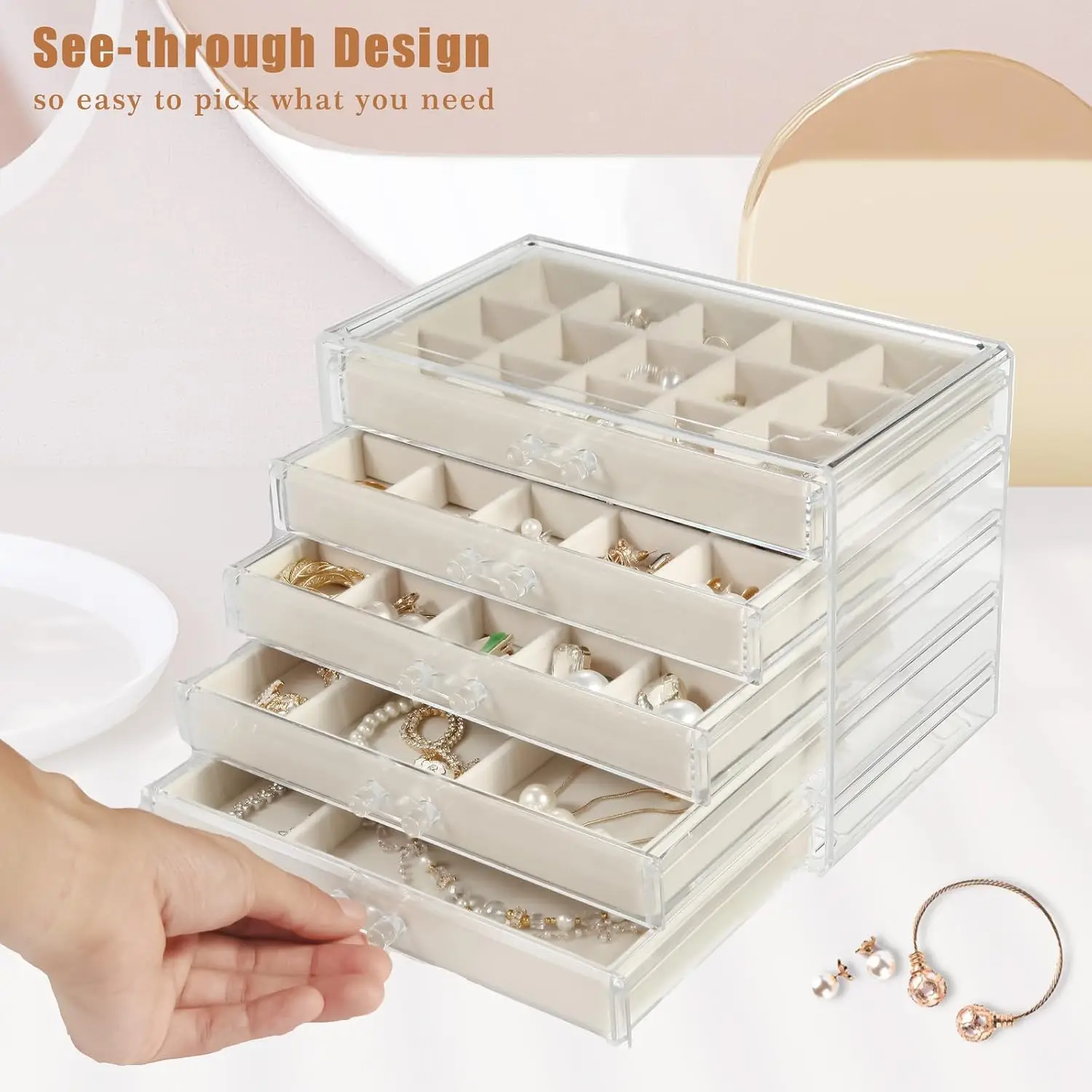 LUNEVA Store GUOER 5 Drawers Clear Jewelry Box for Women and Girls, Acrylic Earring Holder Organizer Ring Holder Display Storage, Mother's Day Warm White