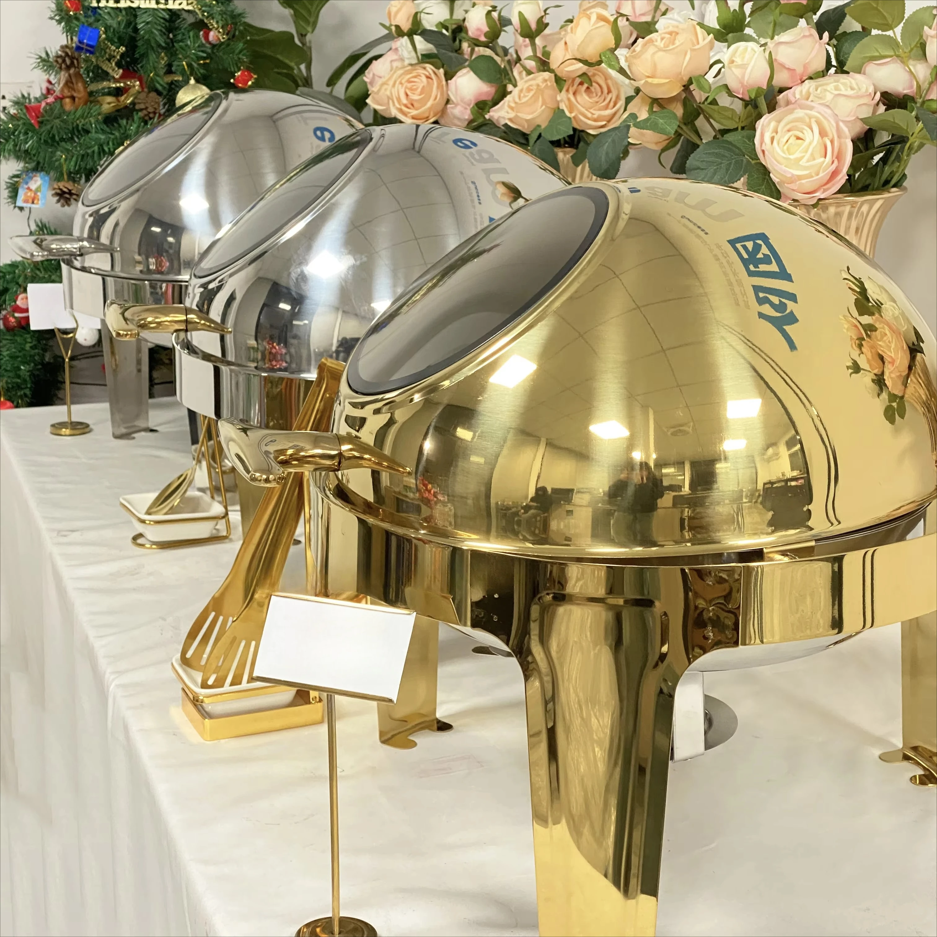 Fabrikpreis 6L Edelstahl Küchengeschirr Catering Küchengeschirr Isolator Buffet Set Luxus runder Hot Pot mit Rolltop