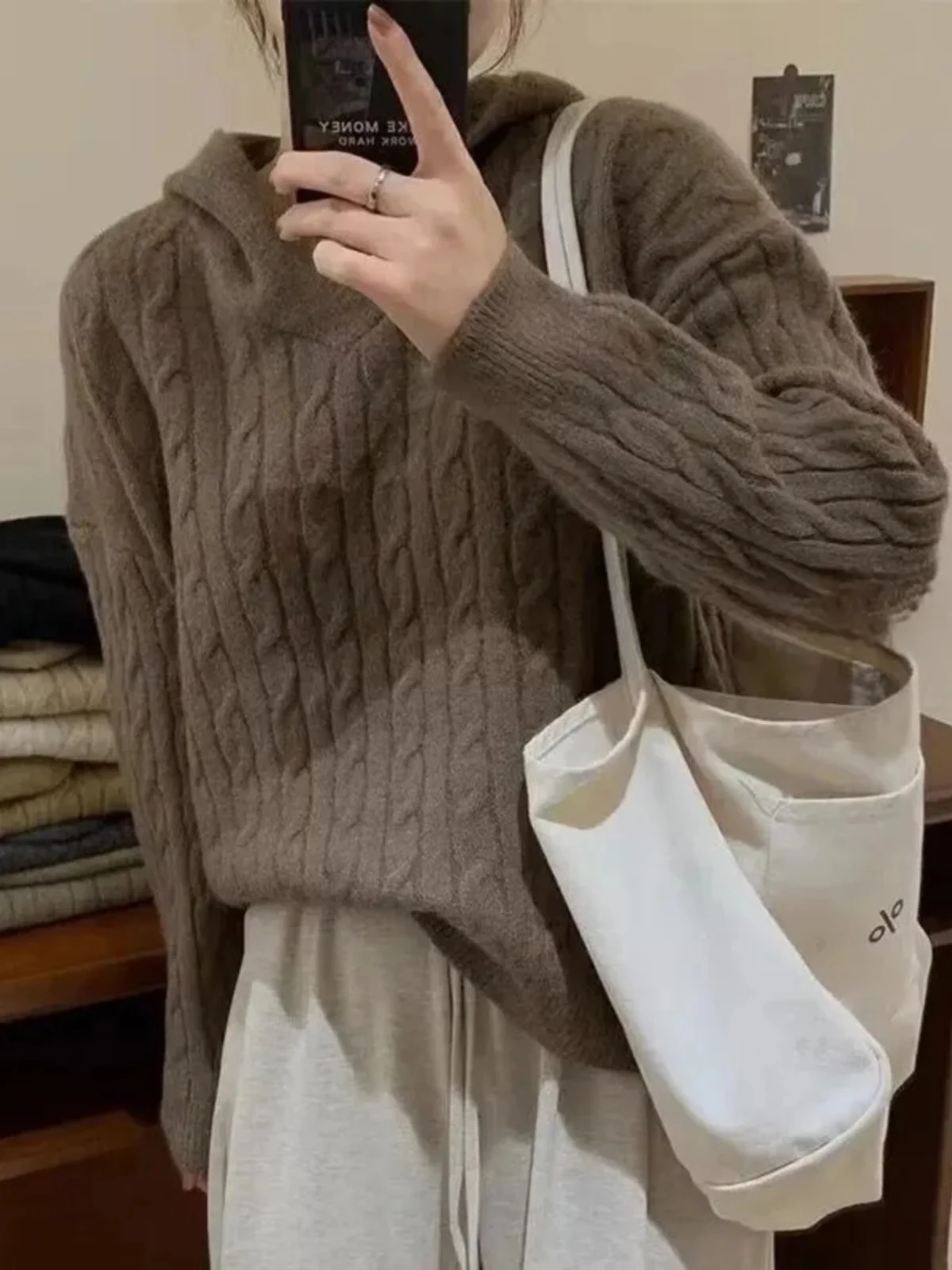 Autumn Winter Loose Fit Long Sleeve Hoodie Knitted Sweater Print Pattern Versatile Base Layer Top Women's Fashion Streetwear