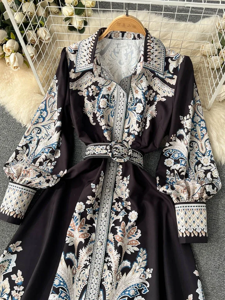 Spring Vintage Shirt Elegant Print Dress Women Lantern Sleeves Flip Collar Beach Vacation Party Dress Ladies Ethnic Style Robe