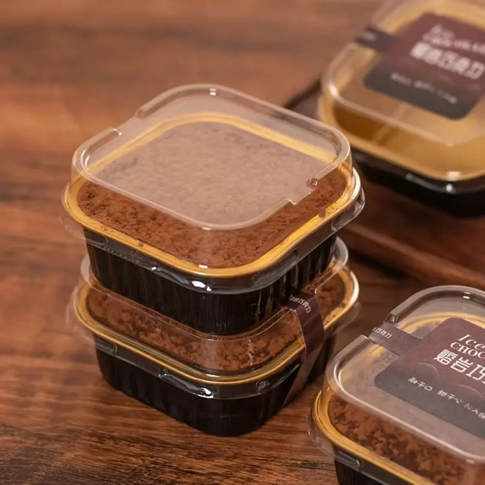 

with Transparent Lids Black Gold Cake Cups Aluminum Foil No Leakage Dessert Packaging Boxes Disposable Reusable for 100pcs