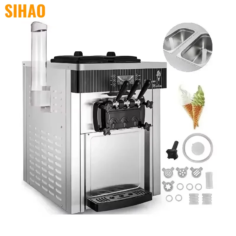

SIHAO Commercial Soft Ice Cream Machine 18-28L/H - Tri-Color Desktop Freezer for Sorbet, Gelato & Fast Food Stores
