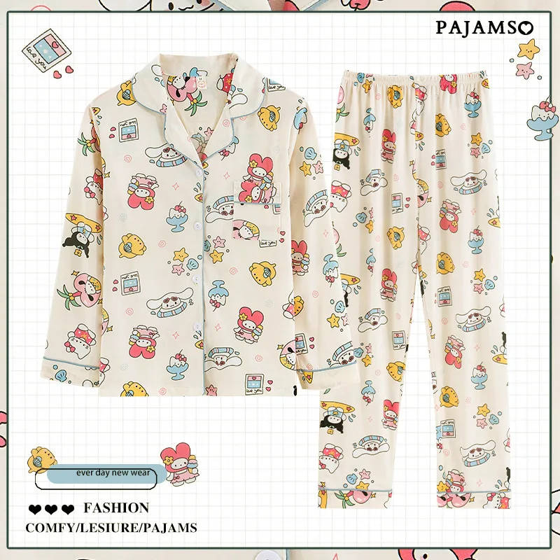 Miniso Sanrio Pijama de algodão de mangas compridas bonito HelloKitty Loungewear, primavera, verão, roupas de outono, presentes de férias, 2 peças