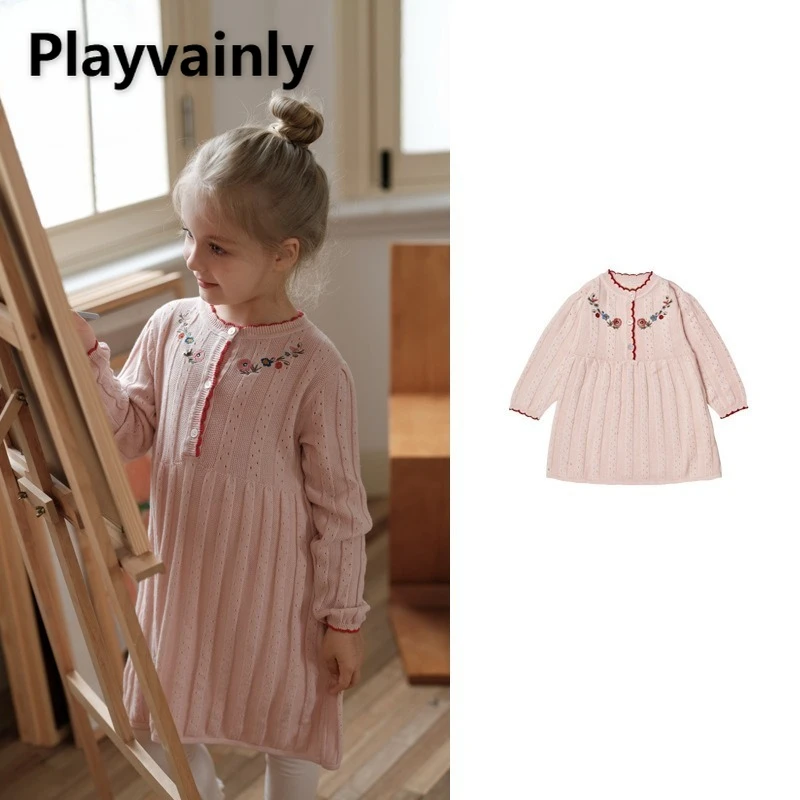 

2025 New Girl's Elegant Knitted Dress Pink Floral Embroidery Round Neck Long Sleeve A-line Dreeses Kids Sweet Cute Clothes W5109