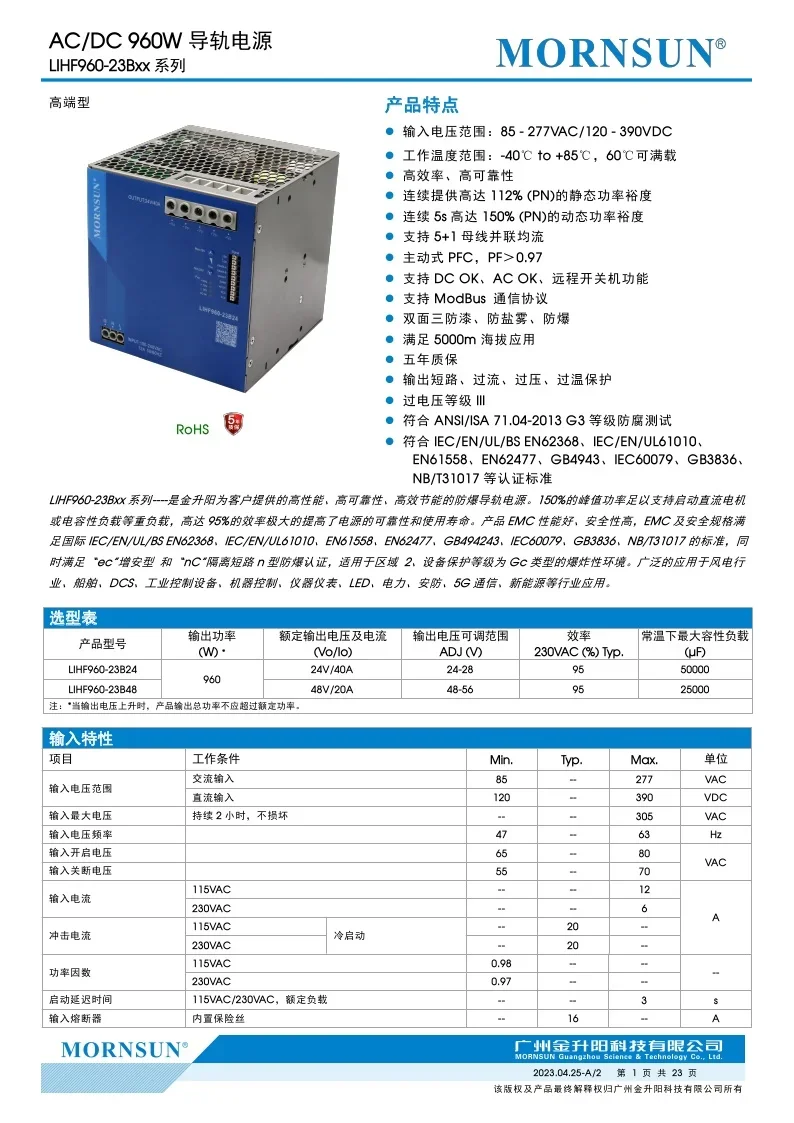 LIHF960-23B24/48V Jin Shengyang 960W AC And DC Dual-purpose, Guide Rail Power Supply, Brand New Original