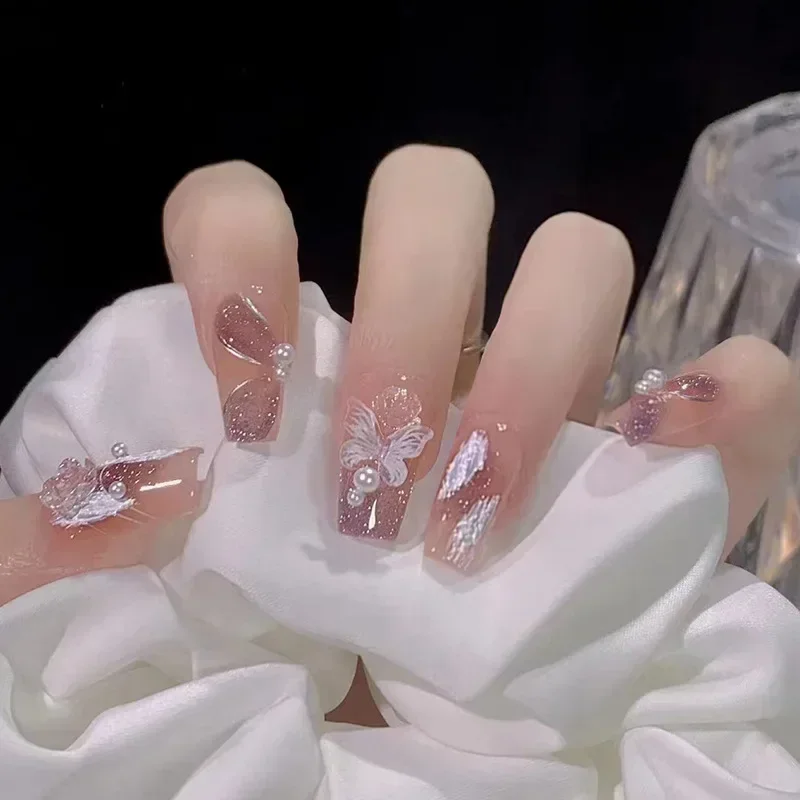 Uñas postizas ovaladas, uñas postizas decorativas con diamantes de imitación, cobertura completa, resistentes al agua, 24 piezas